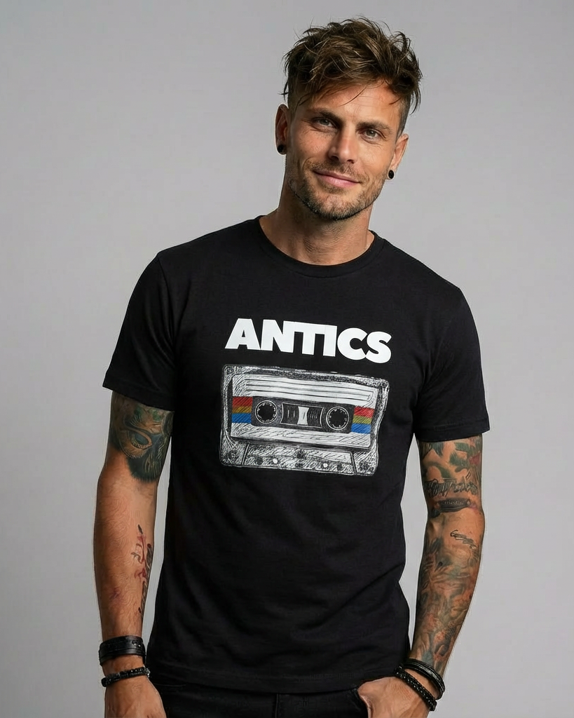 Male wearing a black ANTICS Cassette Tee
