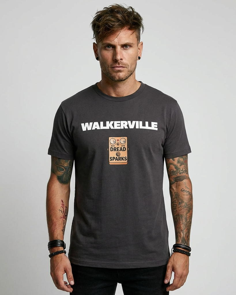 Male wearing a Walkerville band tee, charcoal with bands logo