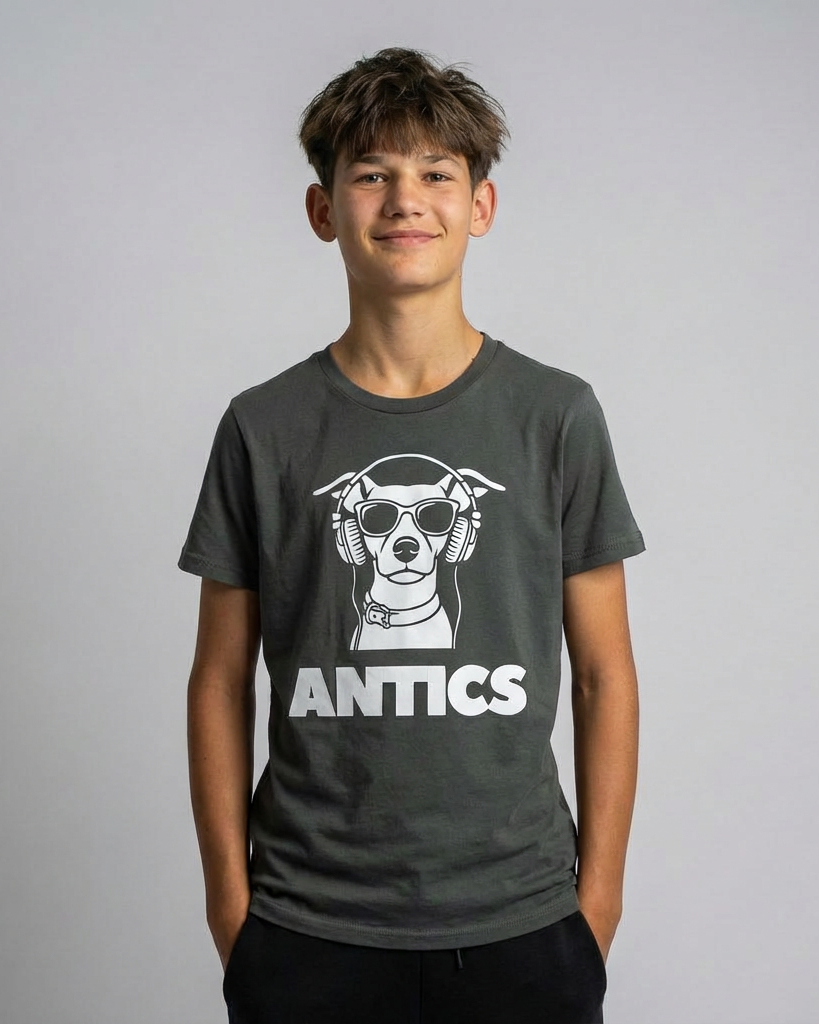 Teenage male wearing a charcoal Youth DOGG tee.