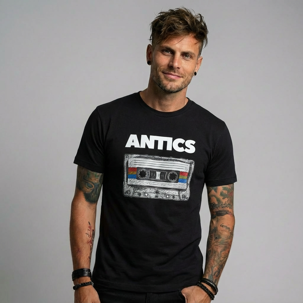 Male wearing a black ANTICS Cassette Tee