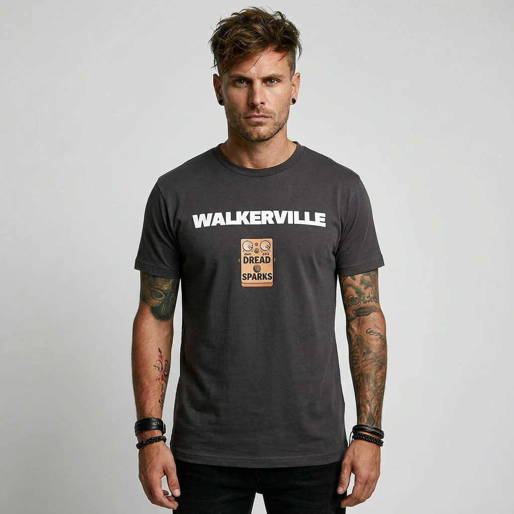 Male wearing a Walkerville band tee, charcoal with bands logo