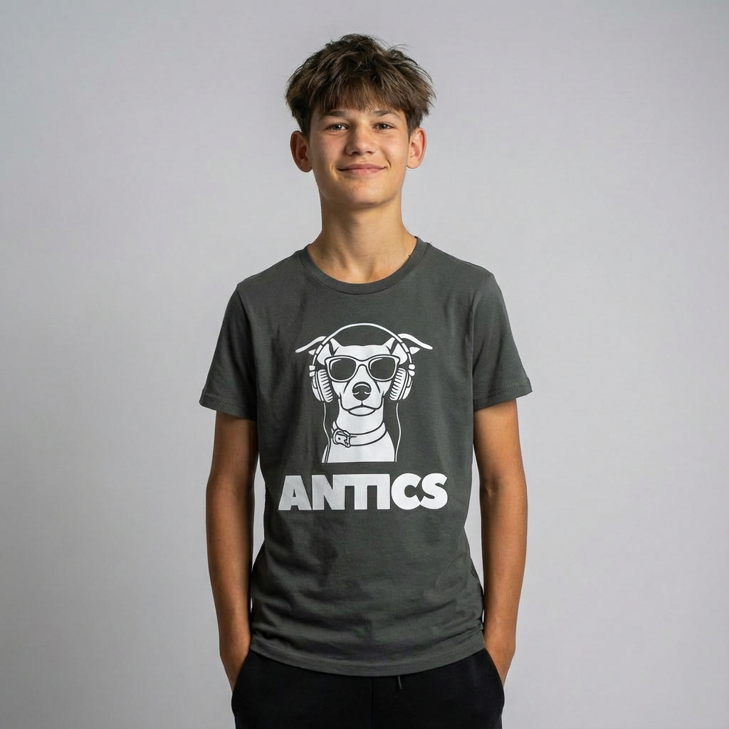 Teenage male wearing a charcoal Youth DOGG tee. 