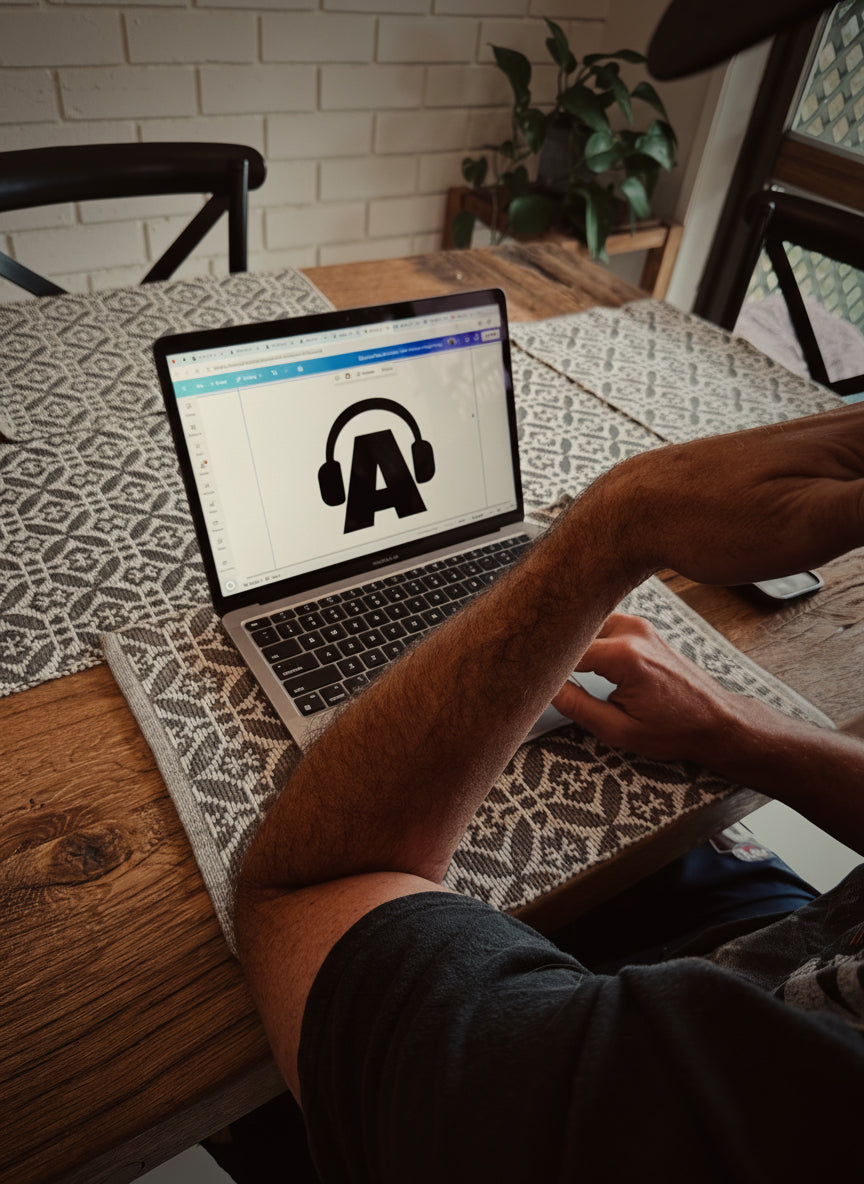 Person using a laptop with a headphone icon on the screen at a wooden table.